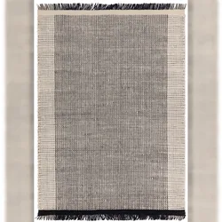 Wollteppich Handgewebt Korbmuster | 120x170cm, 4mm Florhöhe, 14mm Gesamthöhe | Schwarz-Weiß | Mit Fransen | PISA Kollektion | Kadima Design