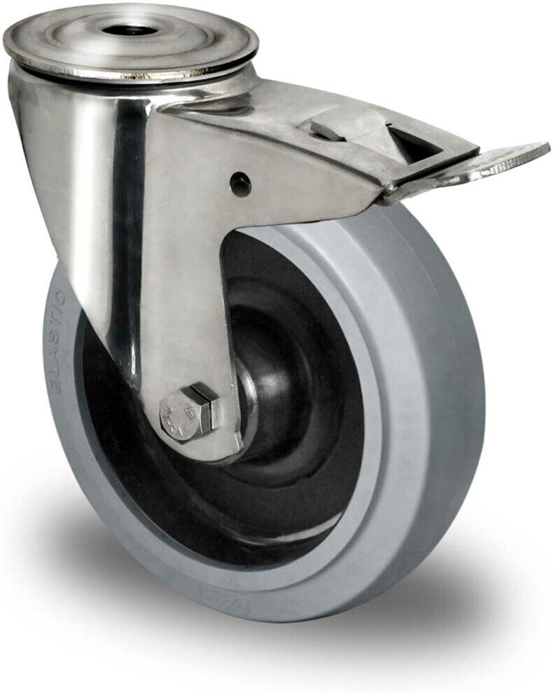 CASCOO Rückenlochlenkrolle mit Totalfeststeller ø 125 mm Serie R4E2 Rollenlager Edelstahl (BIH86S0125R4E2Q0N)
