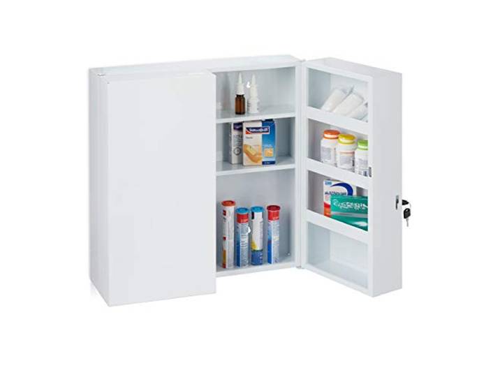Relaxdays Armoire à Pharmacie XXL\, Buffet médicaments à Deux Portes\, en Acier\, 11 casiers\, verrouillable\,53x52\,5cm.Blanc