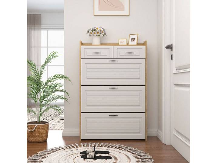 Armoire à chaussures - Commode pivotante - 3 volets - 2 tiroirs - Naturel et Blanc - 80x23.5x131 cm