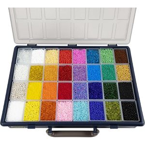Creativ-Company Perlen 68821 Rocailles, im Sortimentskasten, Glas, farbig sortiert, rund, Ø 1,7-4 mm, 32 x 100 g