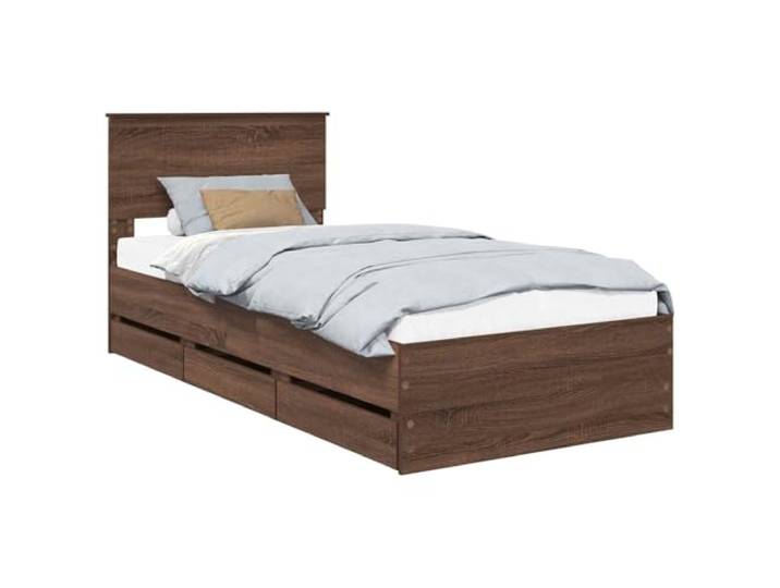 PUGYNBK Bettgestell Eiche Braun, 90 x 190 cm, Ingenieurholz Basis mit versteckten Schubladen, feste Lamellen, quadratische Beine, einfache Reinigung