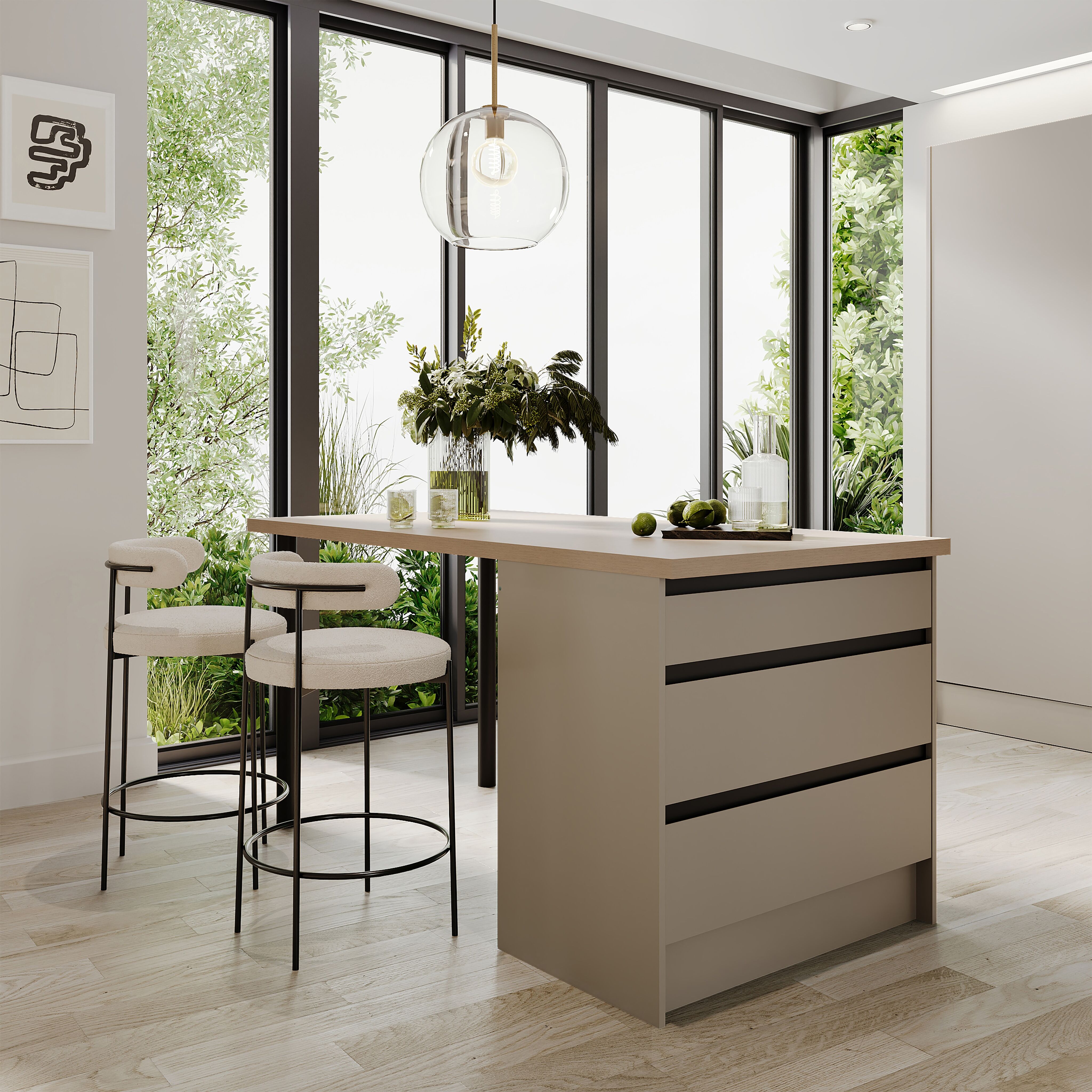 Kücheninsel BASIC BY BALCULINA "Isis B/T/H 180x90x91 cm", beige (küche: grau, korpus: kaschmirgraufarben, arbeitsplatte: eiche gestreift), B:180cm H:91cm T:60cm, Komplettküchen-Sets, Kücheninsel, Breite 180 cm, mit Essplatz und Stauraum küche: grau, korpu