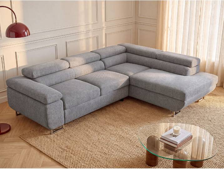 Ecksofa mit Schlaffunktion - Ecke rechts - Strukturstoff - Grau - NURAZIO