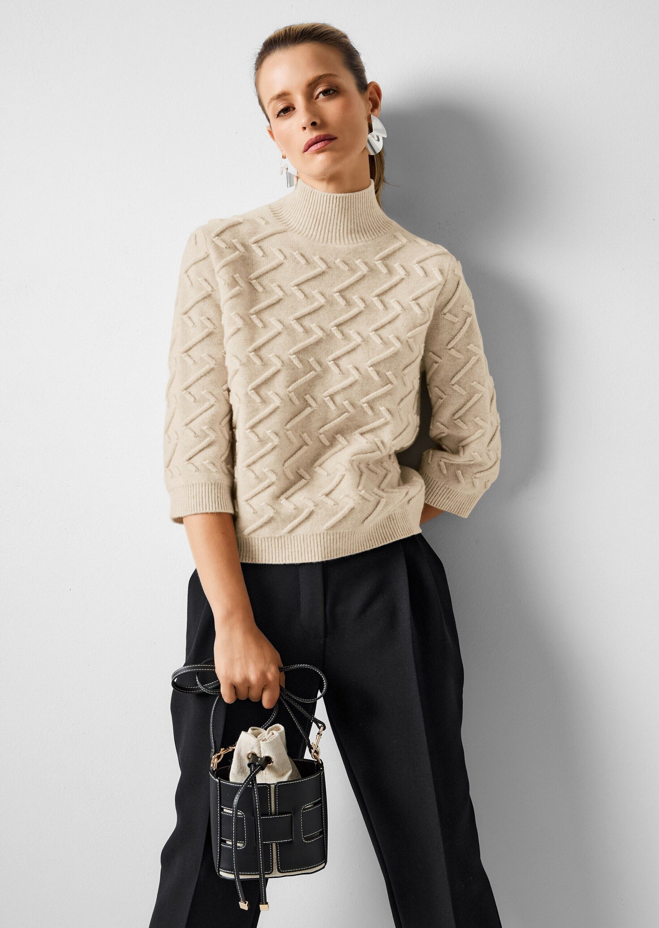 Longpullover MADELEINE "Strickpullover Eleganter Wollpullover mit Zick-Zack-Struktur", Damen, Gr. 48, braun (berber), Obermaterial: 100% Schurwolle WV., Modern, Pullover Longpullover, Markantes Zickzack-Muster