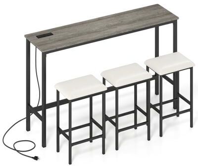 Costway 4 Pieces Counter Height Bar Table with Power Outlet with 3 Padded Stools-Gray