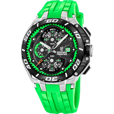 Chronograph FESTINA "Chrono Bike", grün (hellgrün, schwarz, hellgrün, schwarz, hellgrün), Armbanduhren, Herren, silberfarben-schwarz, Chronograph, Quarzuhr, Armbanduhr, Herrenuhr, analog, Tag, Stoppfunktion