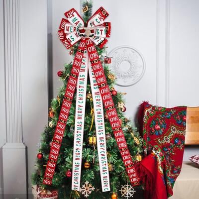 Inspired Deals Festive Christmas Tree Topper Bow Red White Imitation Linen Double Layer Christmas Bow Decoration Festive Christmas Tree Topper Bow Red White Imitation Linen Double Layer Christmas Bow Decoration