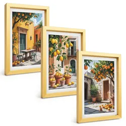 BILDER SET 3er Set - 20x30 cm Goldrahmen - Zitrusfrüchte im Garten