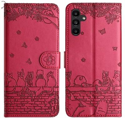 Inspired Deals Cute Cat Embossed Wallet Phone Case For Samsung Galaxy With Card Holder And Lanyard For Samsung Galaxy A55 red
