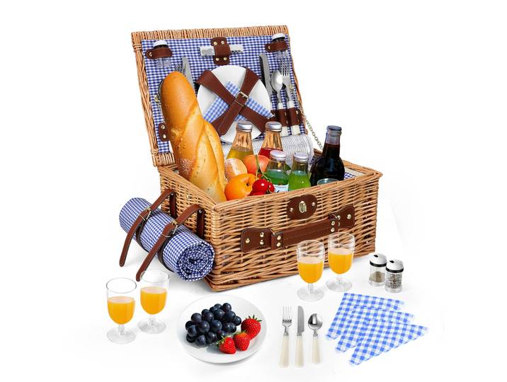 Panier de pique-nique, panier de pique-nique en osier pour 4 personnes, couverture et ustensiles de pique-nique imperméables, panier de pique-nique avec réfrigérateur de camping