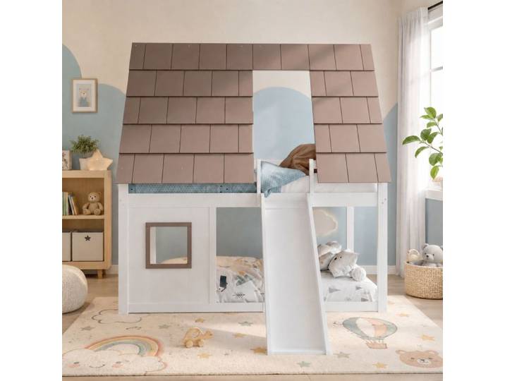 Ulsam Lit Superposé Enfant 2x140x200 cm en Bois Lit Cabane avec Toit Échelle et Toboggan Lit 4 Places Blanc et Marron
