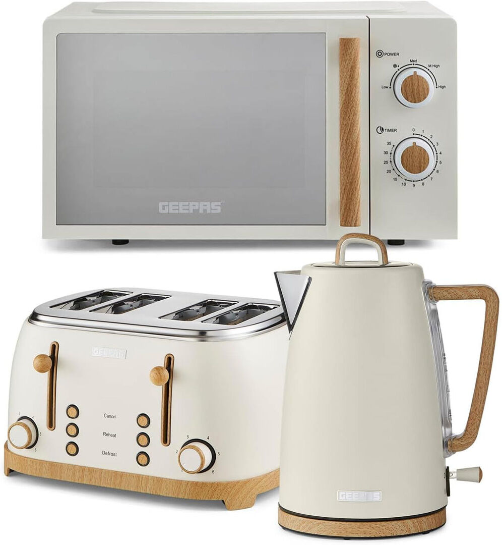 GEEPAS NordiQ 20L Microwave Oven 700W, 4 Slice Toaster & 1.7L Electric Kettle Combo Set   Matte Finish with Wood Accents   1500W Bread Toaster & 3000W Cream 4 - Slice