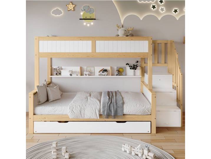 Lit superposé enfant avec lit gigogne escalier de rangement et armoire - TCQPZ - blanc naturel 252 × 128 5 × 148 cm