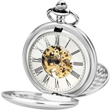 Multicon Wholesale Hub Men's Retro Pocket Watch With Chain, Classic Mechanical Movement, Vintage Roman Numerals, Durable Alloy Case silver