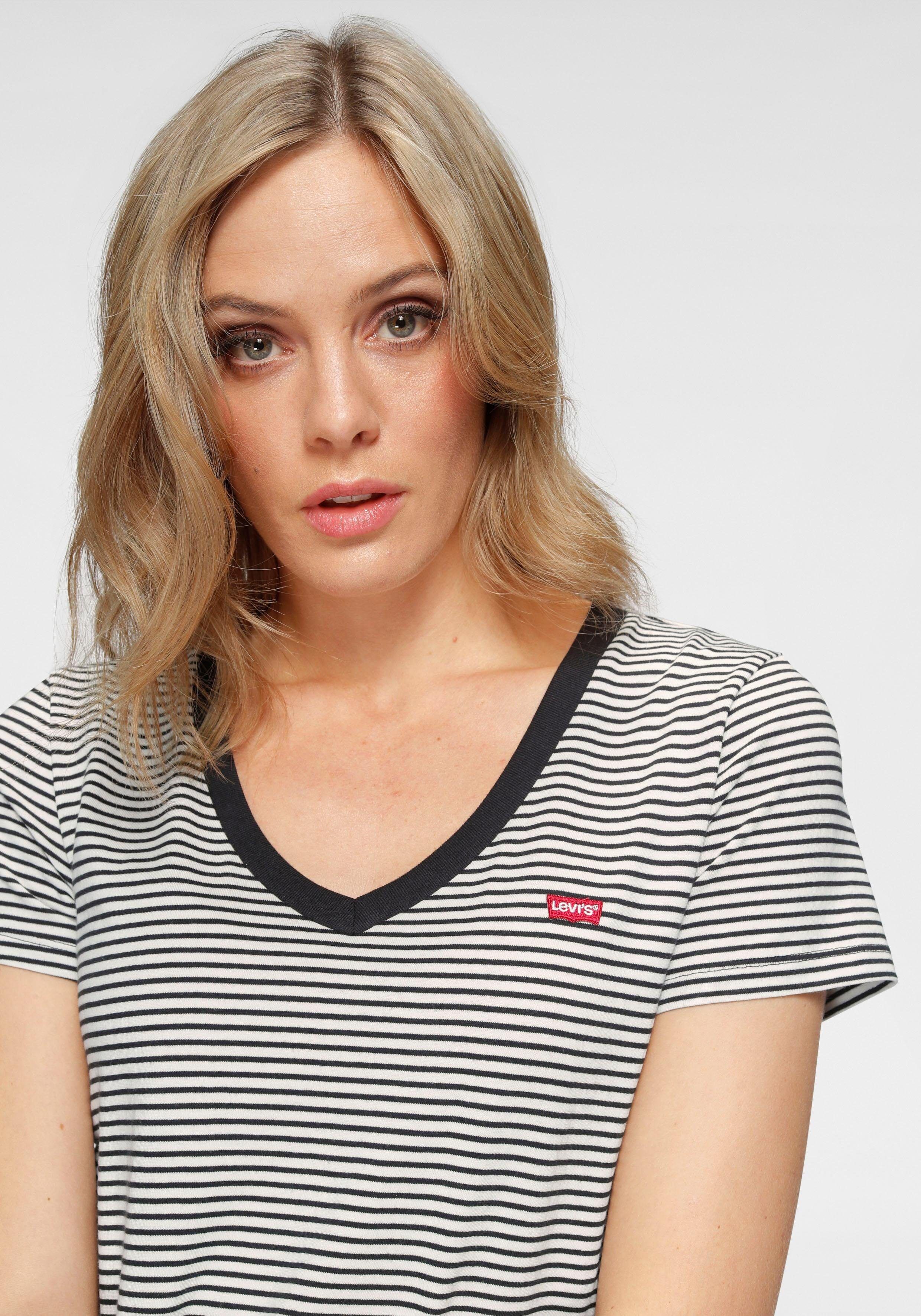 V-Shirt LEVI'S "PERFECT VNECK", Damen, Gr. S (36), schwarz-weiß (schwarz, ecru), Single Jersey, Obermaterial: 100% Baumwolle, gestreift, figurbetont normal, V-Ausschnitt, Shirts V-Shirt, mit Mini-Batwing-Logostickerei