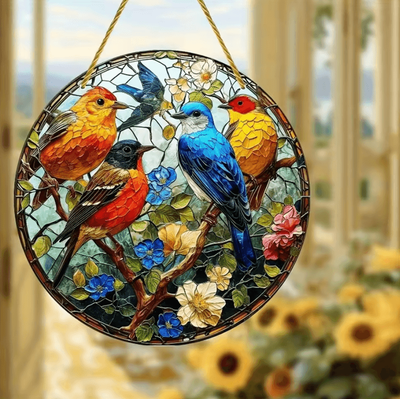 Inspire Curations 2D Acrylic Bird Window Hanging Ornament Colorful Bird & Flower Suncatcher Decor style E