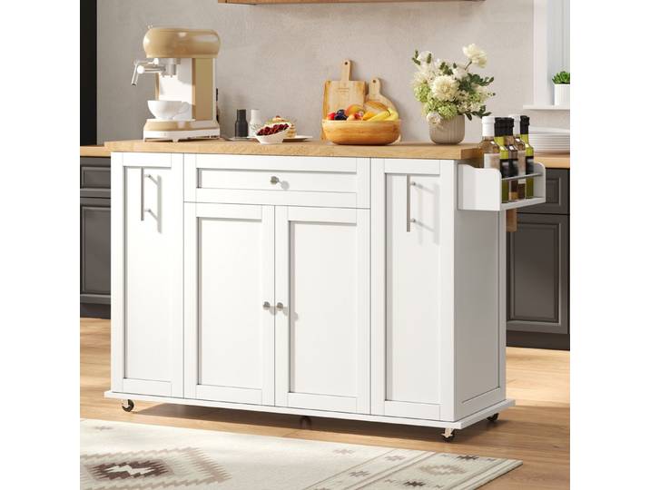 MODFU Kücheninsel Küchenwagen mit Arbeitsfläche und Stauraum 120×45(70)×87 cm, (Beistellschrank für Küche Esszimmer und Haushalt mit Fächern), Rollwagen mit ausziehbarer Platte und praktischen Schubladen