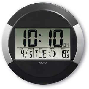 Hama Wanduhr Ischia, Kunststoff, digital, Funkuhr, Ø 24,5 cm, schwarz, mit Thermometer & Datumsanzeige, lautlos