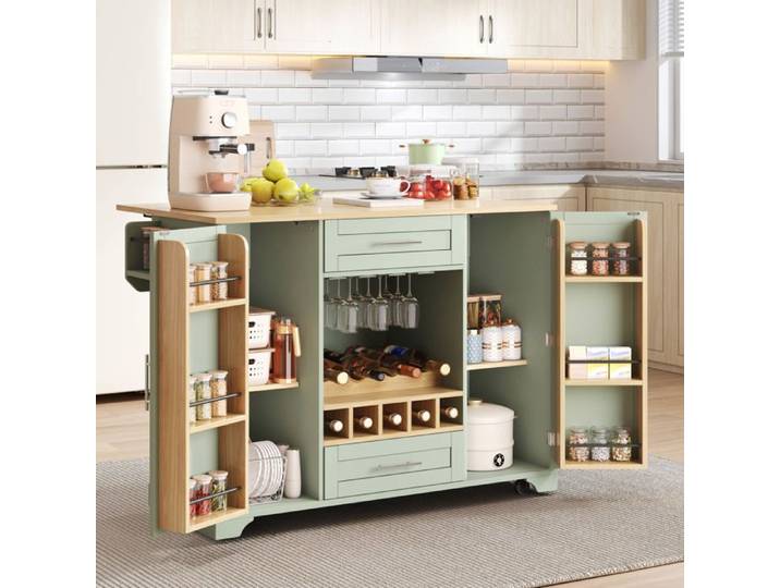 Îlot de Cuisine vert à roulettes plateau rabattable multifonction