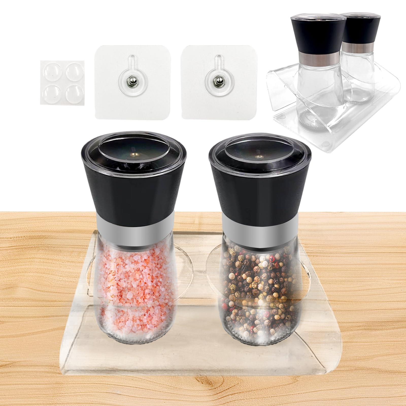 Dripio Set van twee zout- en pepermolens met acrylhouder en verstelbare maalstand