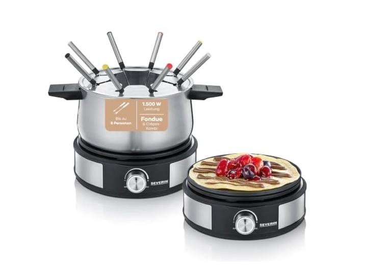 SEVERIN Fondue-Crêpes-Kombination, spülmaschinengeeignetes Fondueset mit 8 farblich markierten Gabeln, Fondue-Crêpes Maker-Kombi aus Edelstahl, schwarz, FO 2471