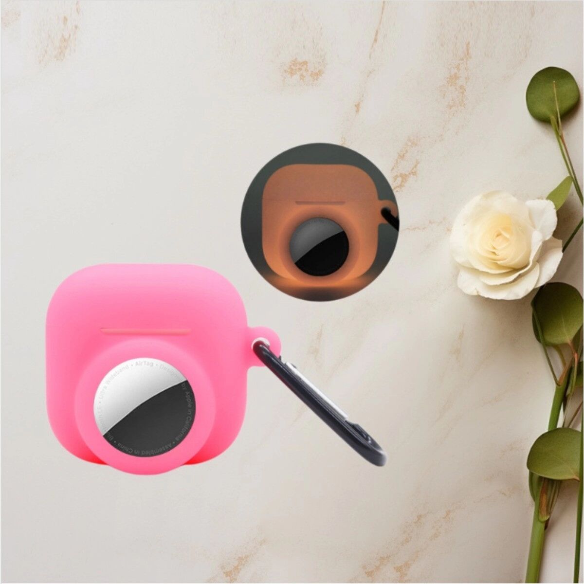 INF Coque protectrice 2-en-1 en silicone compatible avec AirPods et AirTag - Absorption des chocs, crochet intégré Rose