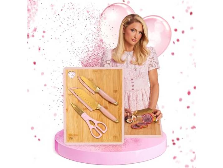 Paris Hilton – 6-teiliges Messerset aus Edelstahl mit Bambus-Schneidebrett– Inkl. Santokumesser, Schälmesser, Küchenschere und Schneidebrett