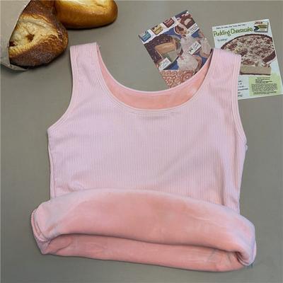 Retailers Go Seamless Plus Velvet Shirt, Women's Winter Thermal Underwear Top, Warm Female Undershirt, Sleeveless Vest, Solid Color pink