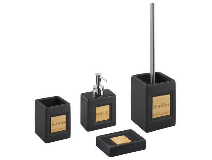 BADEZIMMER Set 4-teilig Keramik schwarz/heller Holzfarbton Kourou