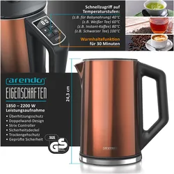 Arendo Frühstücks Set, Wasserkocher 1,5l Temperaturwahl, 4-Scheiben Toaster & Eierkocher für 6 Eier, Kupfer, Wasserkocher, Kupfer