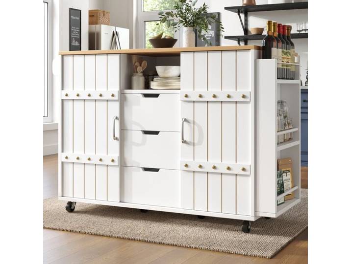 Desserte de Cuisine Bîlot de Cuisine à Roulettes Grande armoire avec coulissante Tiroir Porte-Epices et Porte-Serviettes，blanc