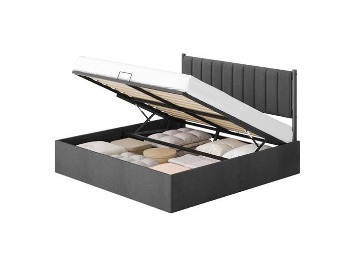 Lit Double avec Rangement Sommier Relevable 180 x 200 cm Cadre de Lit Moderne Chambre Montage Facile Gris