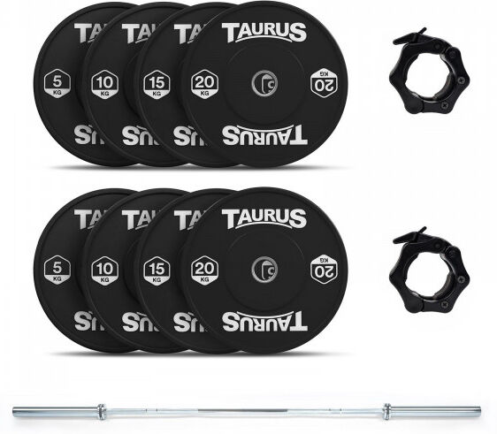Taurus 100 kg Black Bumper Olympic Weights Set with 20 kg Chrome Barbell