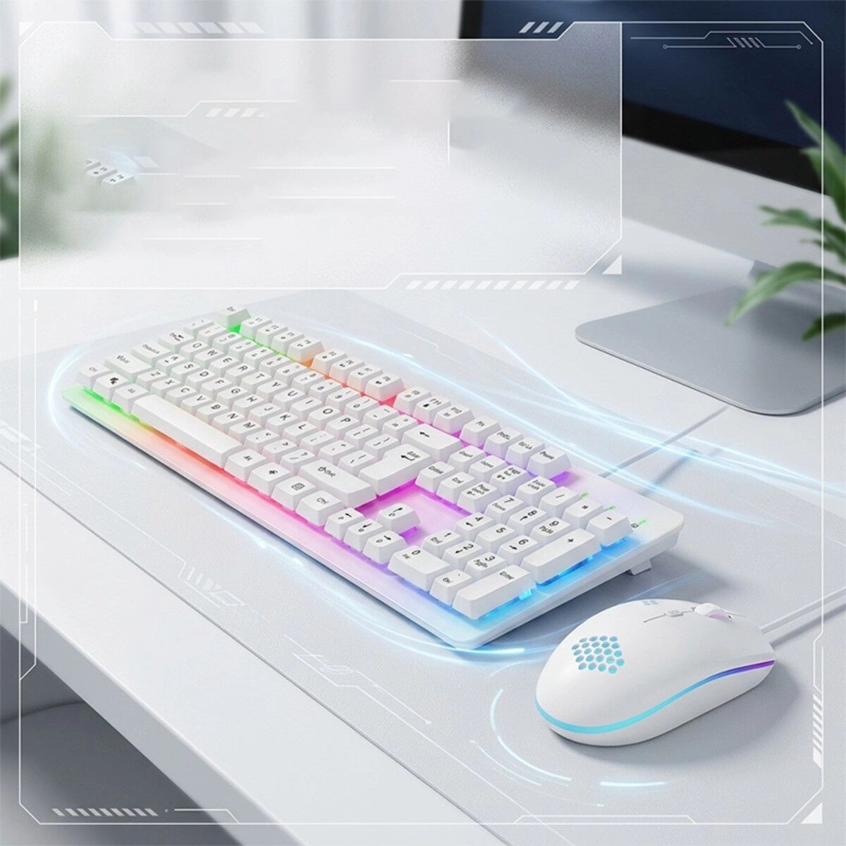 INF Kabelgebundenes Tastatur-Maus-Set – 104 Tasten mechanisches Tippgefühl, spritzwassergeschützt, verstellbare 800-2400 DPI