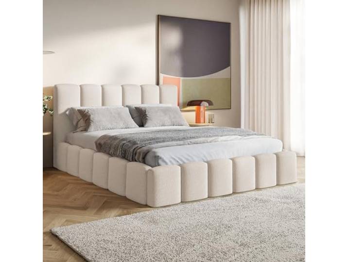 MOTIVENA Nunu Bubble Bett 120x200 Beige Boucle, mit Stauraum, mit Kopfteil, mit Lattenrost, ohne Füße, ohne Matratze, Bubble Polsterbett 120x200 mit Bettkasten Beige