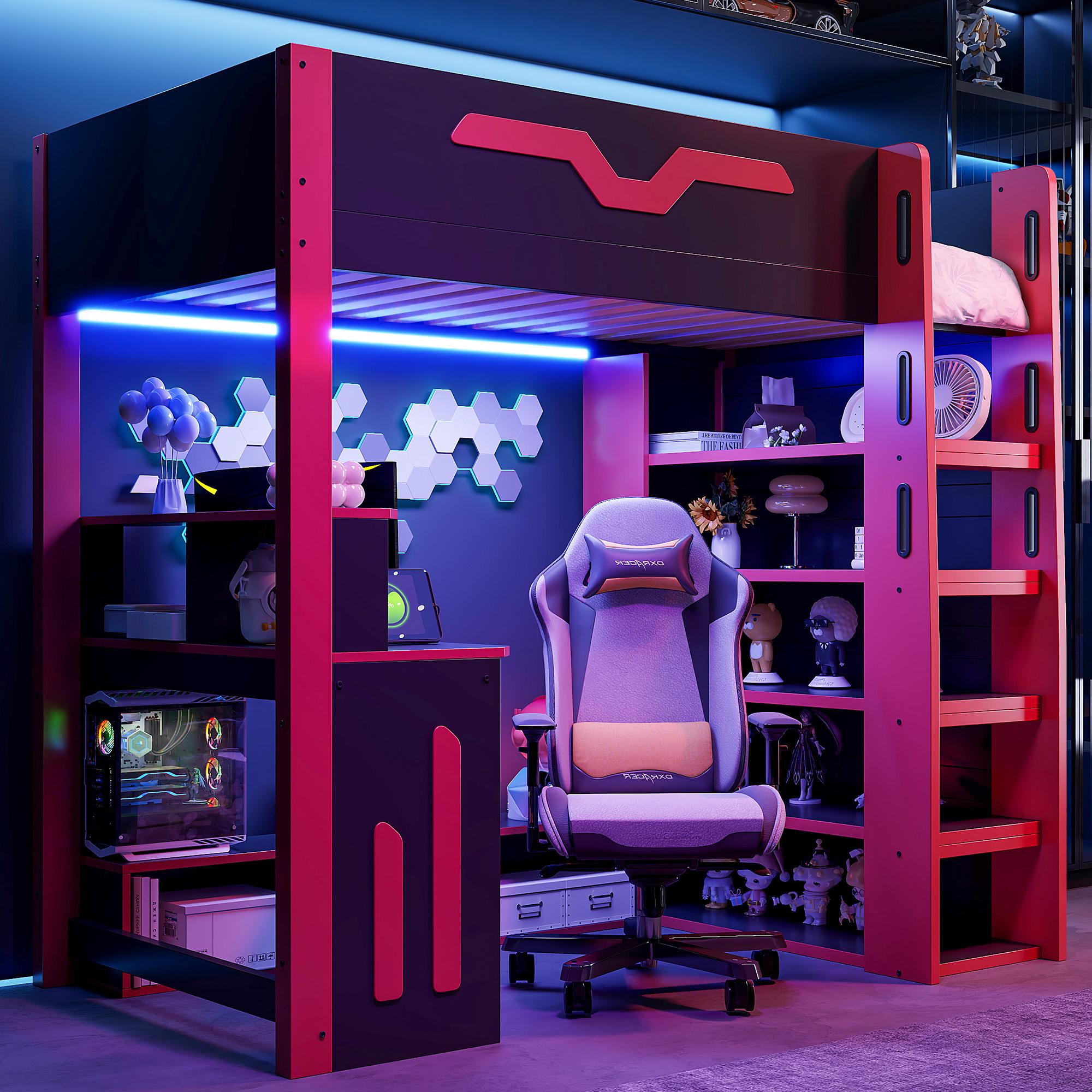 Merax Gaming Hochbett 90x200 cm mit Schreibtisch, Etagenbett mit Stauraumtreppe und LED-Beleuchtung, Multifunktional, Jugendbett, Schwarz + Rot