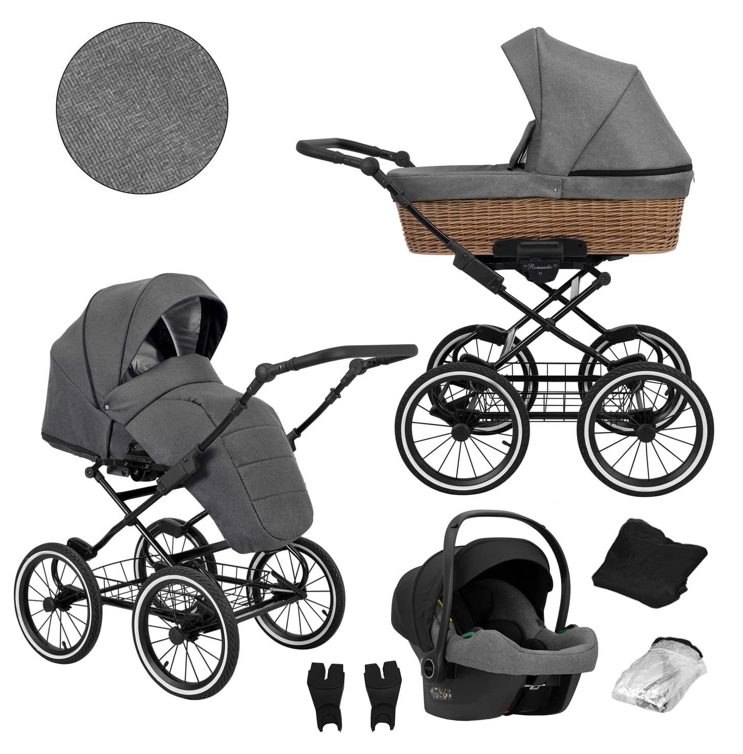 Kinderwagen Kunert Romantic Classic 3in1 - Babywanne aus Naturweide, Sportsitz, Autositz Cosmo - schwarzes Gestell - Farbe: ROM-06