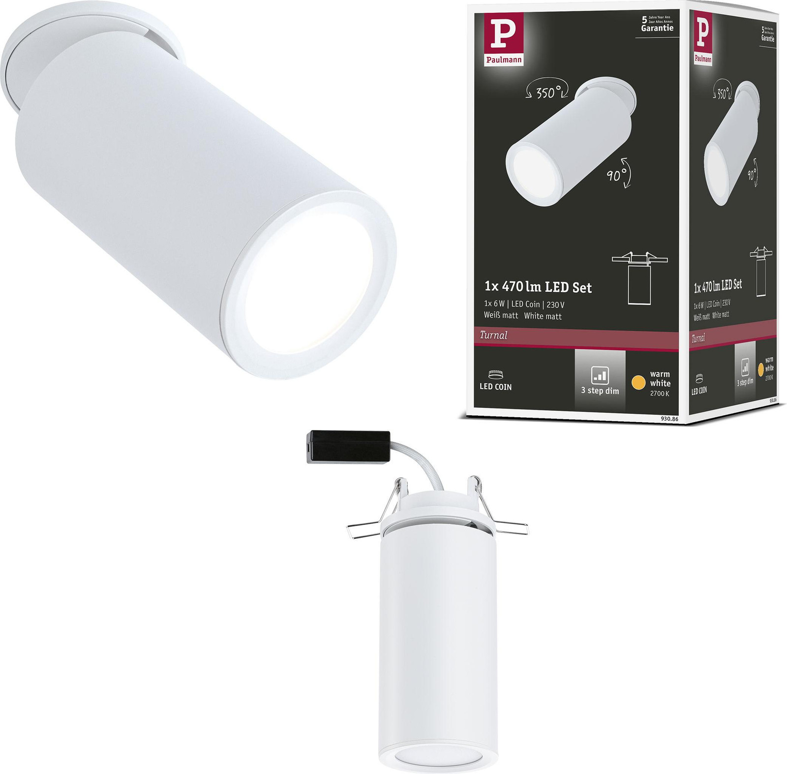 Paulmann LED inbouwspot Turnal wit, verstelbaar, warm wit