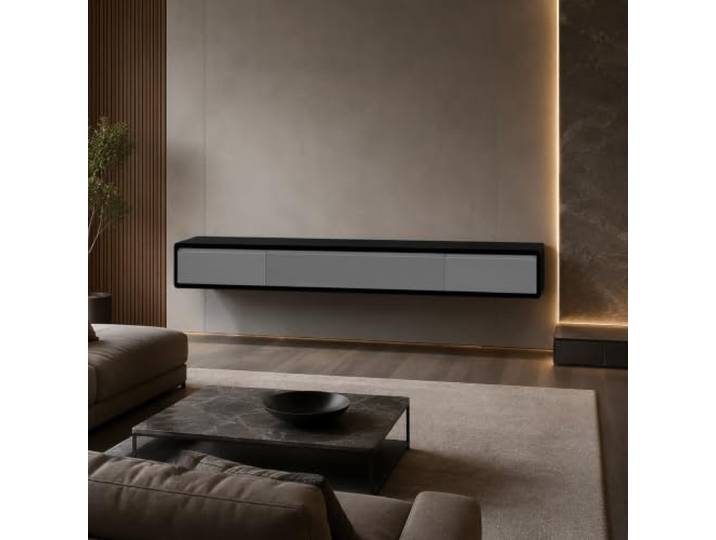 TV Board Hängend Massivholz mit Schubladen, Lowboard Wandmontage Modern Fernsehtisch für Wohnzimmer, Klapptür Verbirgt Kabel, Abgerundete Ecken(Gray,160cm/63in)