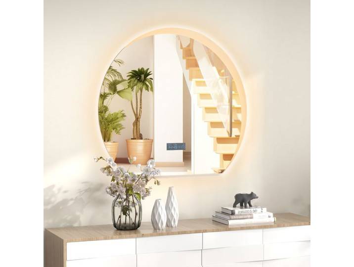 Miroir Salle de Bain Demi-cercle COSTWAY Lumières LED à 3 Couleurs&Fonction Mémoire&Affichage de l'heure-Température 53x60CM Argent