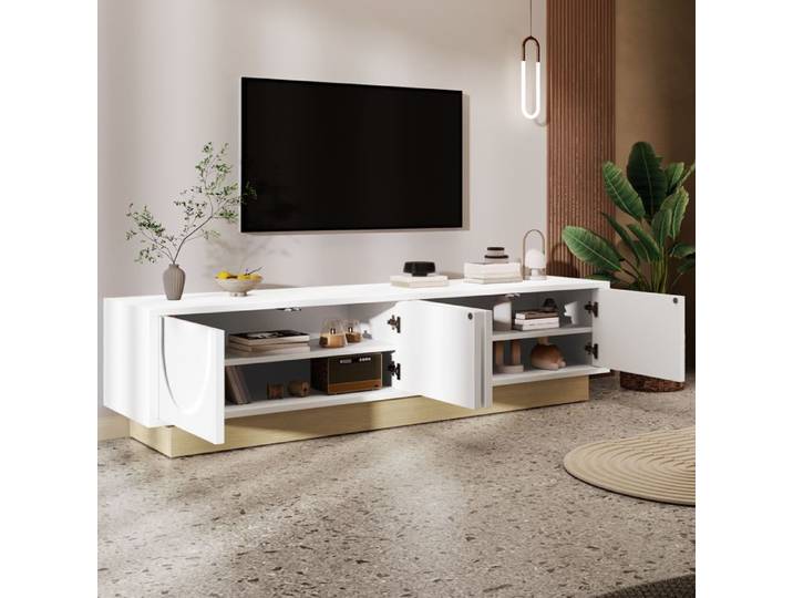Meuble TV - Buffet TV 175 cm - Blanc imitation bois - MDF robuste - 4 portes grand rangement