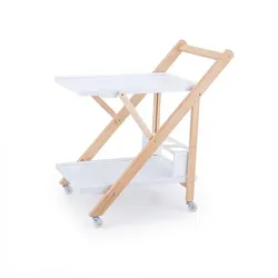 Relaxdays Servierwagen Bambus, Küchenwagen klappbar, Flaschenhalter, Rollwagen 2 Etagen, HBT: 70x44x39,5 cm, weiß-natur