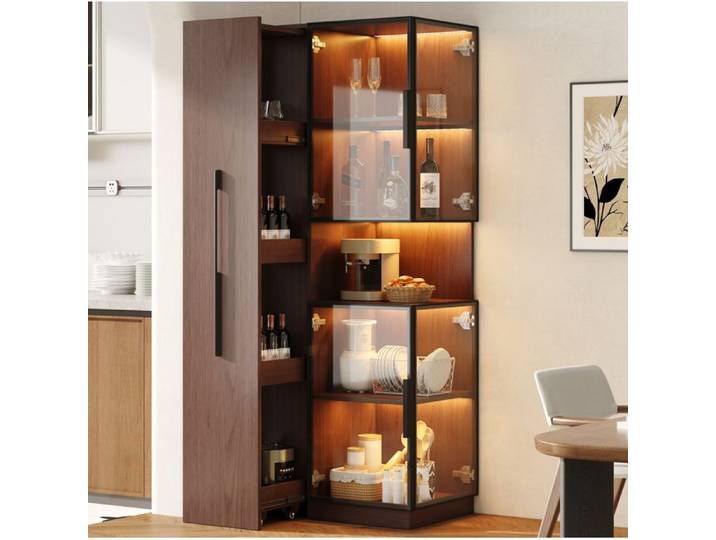 Vitrine haute 70x38x160 cm LED multicolore MDF décor noyer et verre trempé rangement latéral extractible