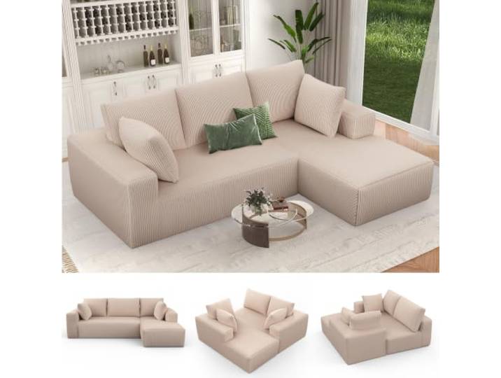 Aotumm Ciort Modulares Sofa, L-Form Cloud Couch Ohne Montage, Hellbraun Modulares Sofa 267cm aus Cord, Tiefes Ecksofa mit Schlaffunktion, Keine Montage, Große Polsterecke fürs Wohnzimmer