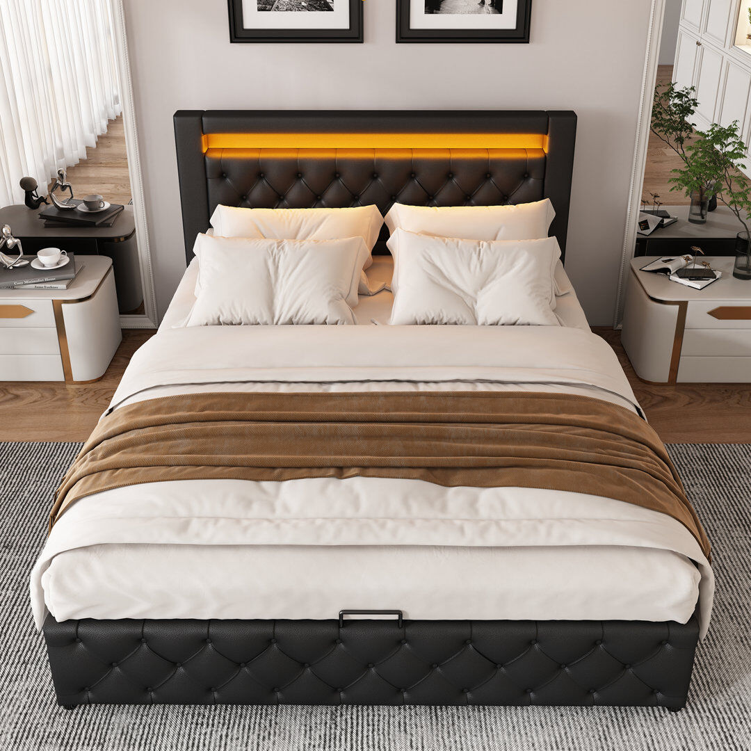Ivy Bronx Classic Upholstered Bed Frame With Led Headboard & Storage Black Double (4'6)