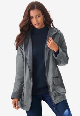 Plus Size Women's Plus Size Hooded Nylon Jacket by Roaman's in Gunmetal (Size 3X) Rain Water Repellent