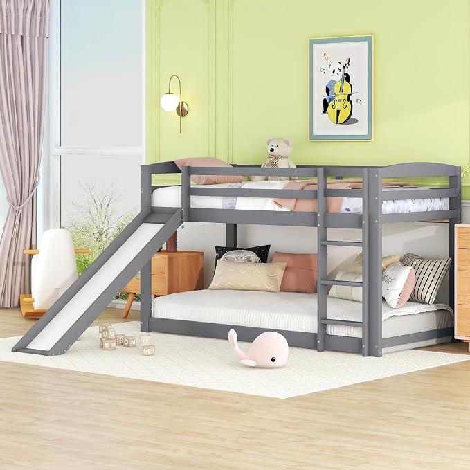 Etagenbett für Kinder und Jugendliche, Kinderbett mit Rutsche, Massivholzrahmen, einfache Montage, 90X200cm (Grau)