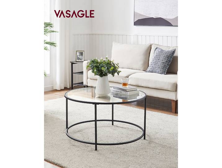 VASAGLE Table Basse Salon, Meuble de Salon en Verre, Cadre en AER, Table Basse Ronde