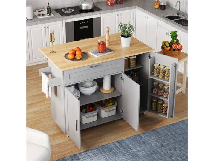 Ilot Central Cuisine avec Rangement et Plan de Travail Pliable Desserte Ilot à Roulettes Finition Bois de Chêne Gris 132.5x44x90cm